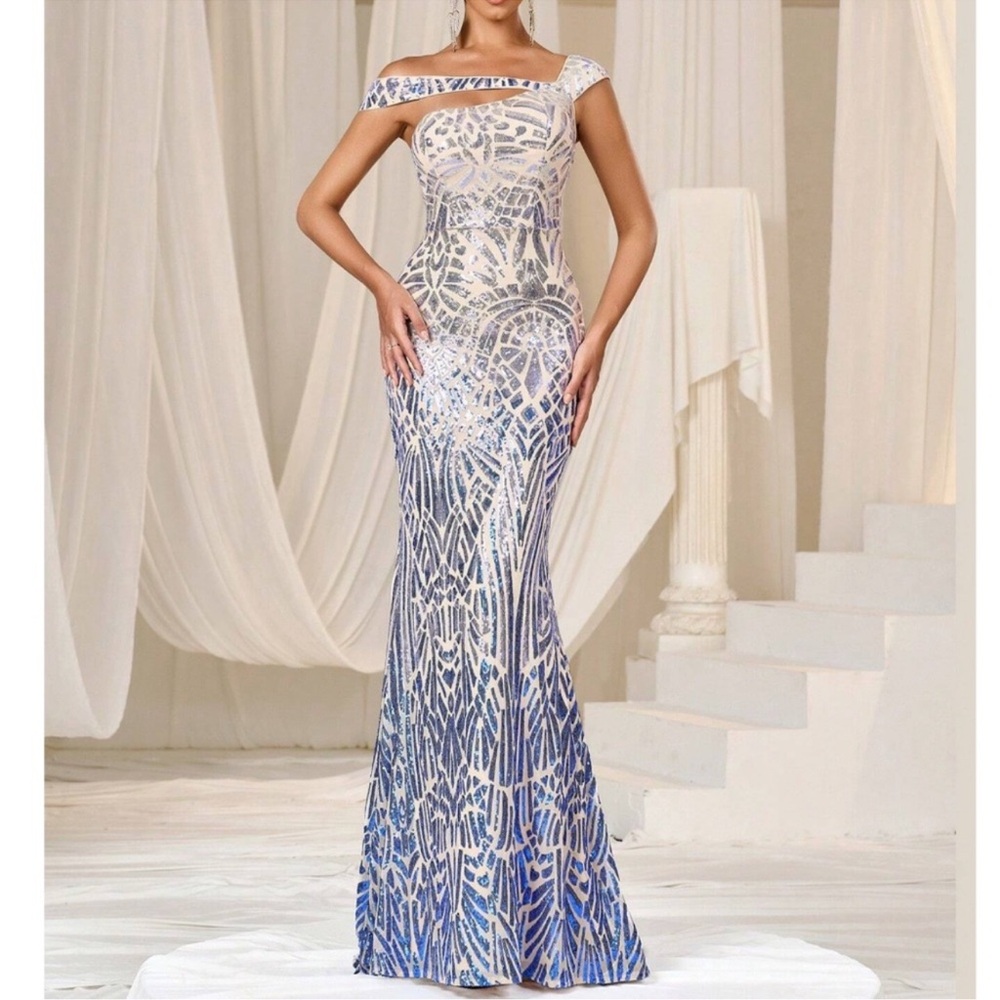 Luxe Sequin One Shoulder Mermaid Hem Party Evening Formal Dress XS S M L XL